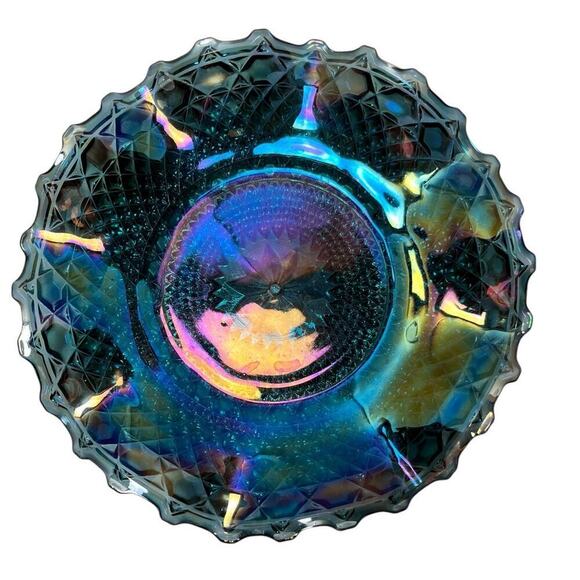 Vintage Indiana Glass Blue Iridescent Carnival Glass Plate Ruffled - Picture 1 of 3